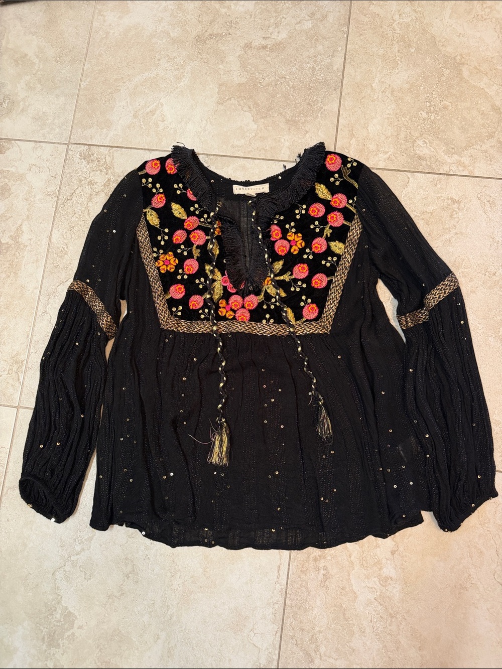 Lovestitch Bohemian Black Embroidered Floral Peasant Top size small